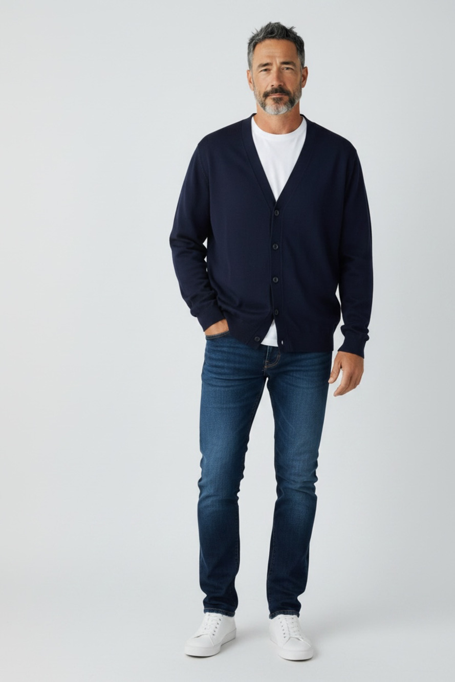 Nordstrom Men's Shop Navy Blue Pima Cotton Blend V-Neck Cardigan Sweater XL
